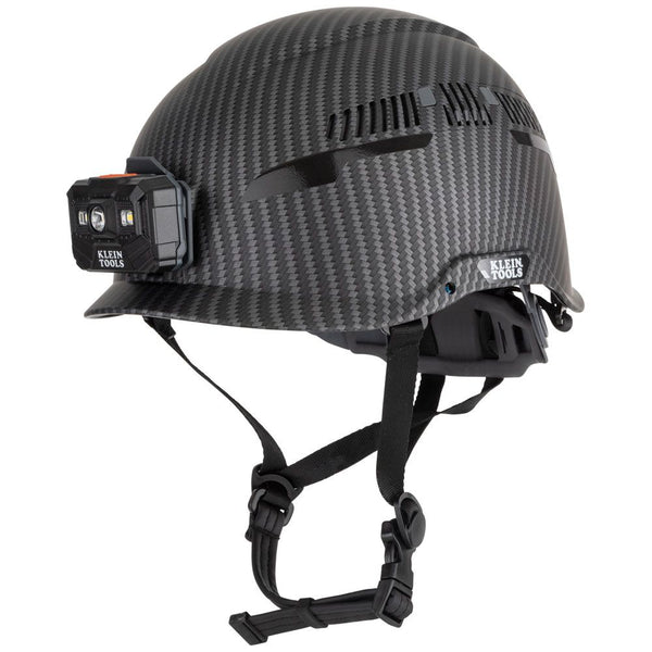 BRAND NEW KLEIN TOOLS CARBON VENTED PREMIUM SAFETY HELMET WITH HEADLAMP HARDHAT