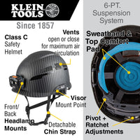 BRAND NEW KLEIN TOOLS CARBON VENTED PREMIUM SAFETY HELMET WITH HEADLAMP HARDHAT